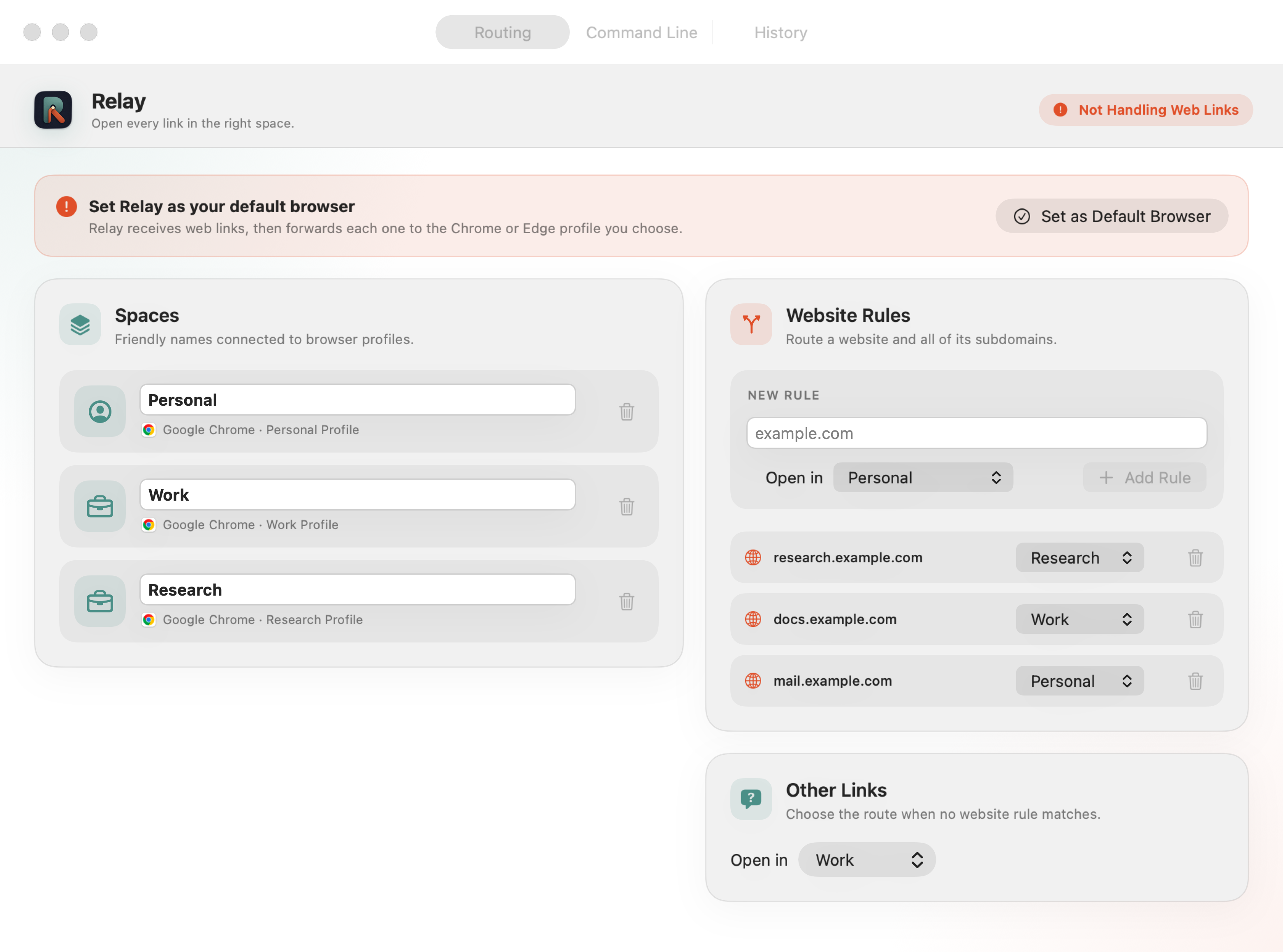 Relay settings showing Personal, Work, and Research spaces with website routing rules